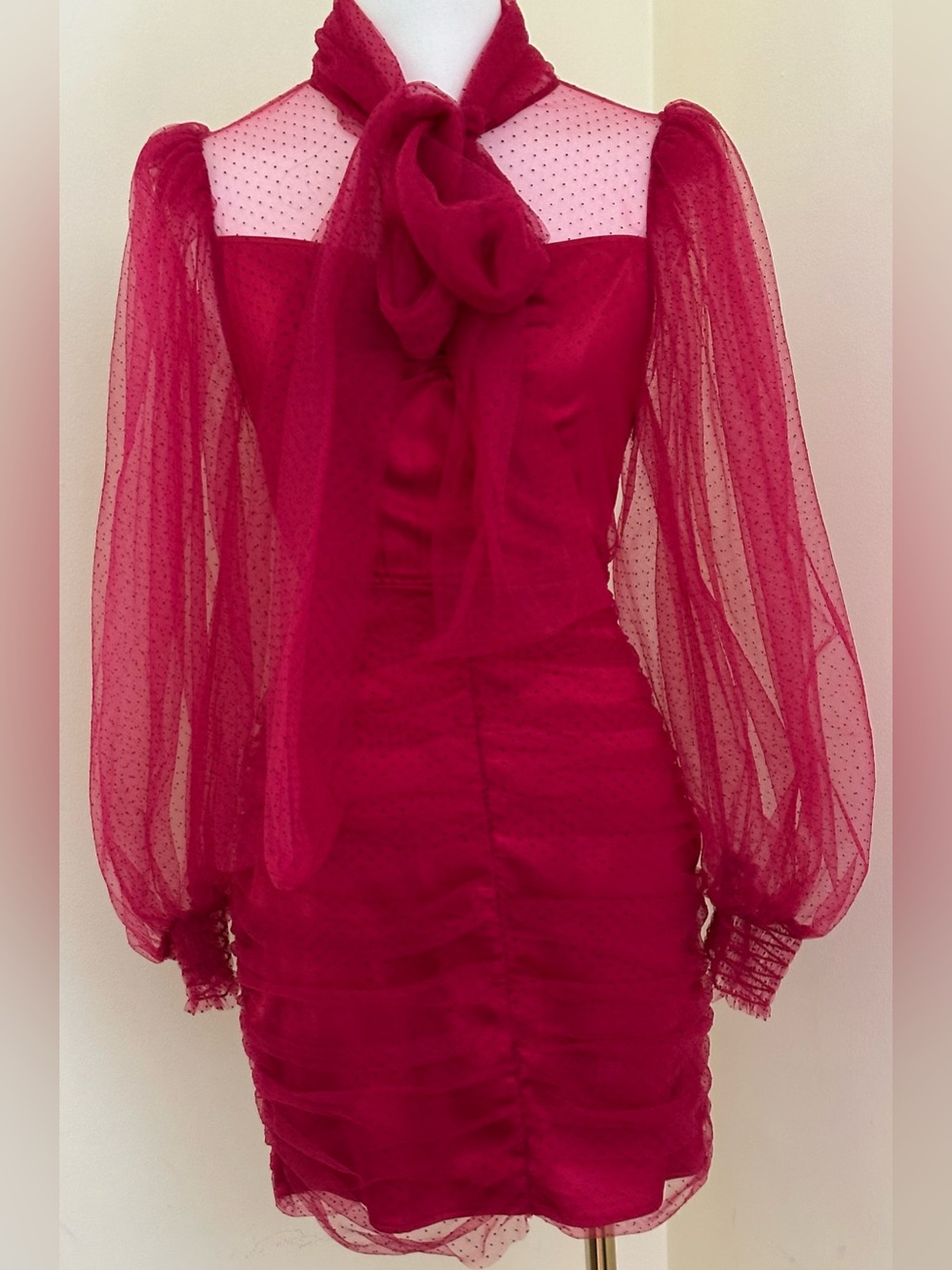 ZARA Elegant Sheer Tulle Sleeve Swiss Dot Fuchsia Pink Mini Dress Sz XS